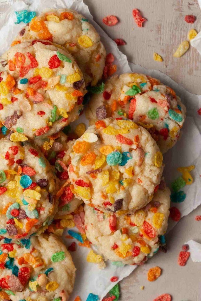 Fruity Pebbles Cookies Stacked on top of one another
