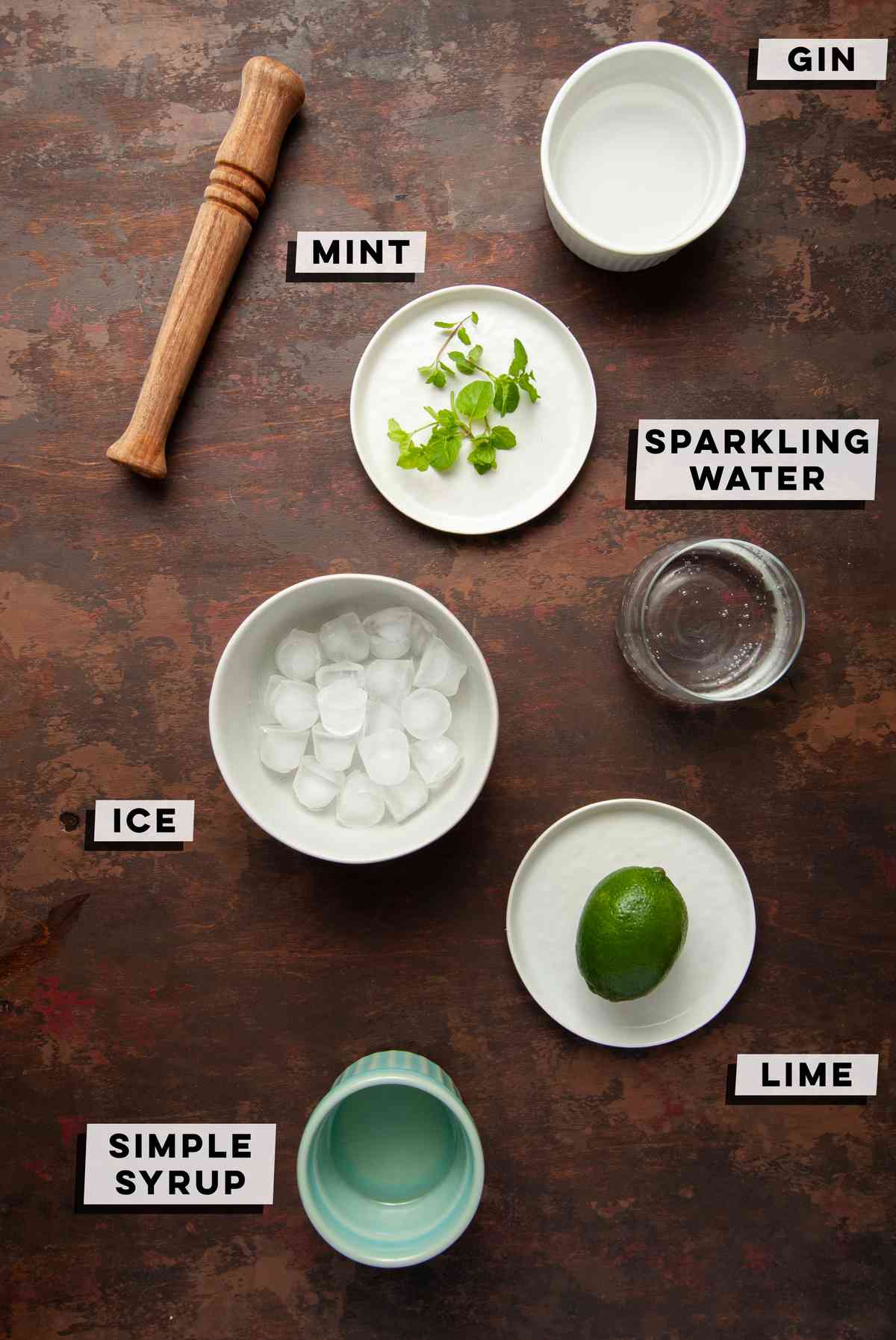 Gin, Mint, Sparkling Water, Ice, Lime, Simple Syrup