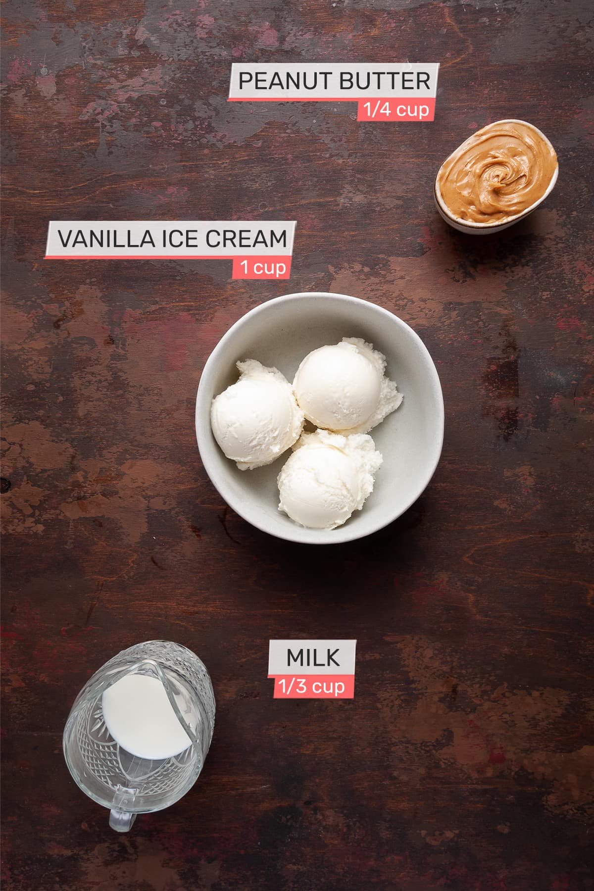 Vanilla ice cream, peanut butter and milk