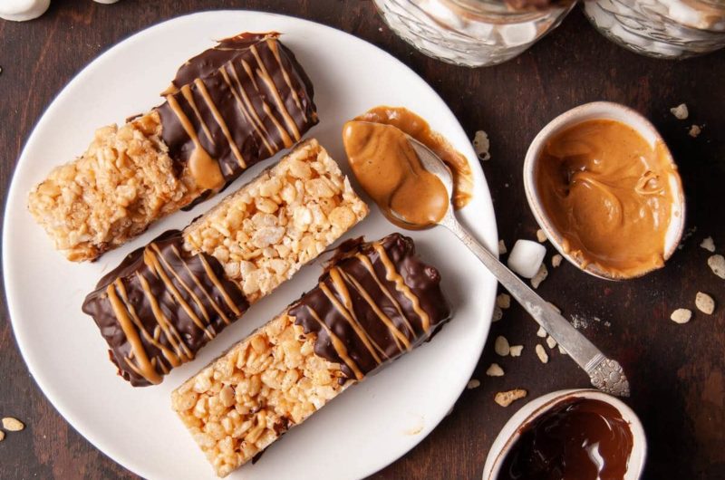 Peanut Butter Rice Krispie Treats Dipped in Chocolate