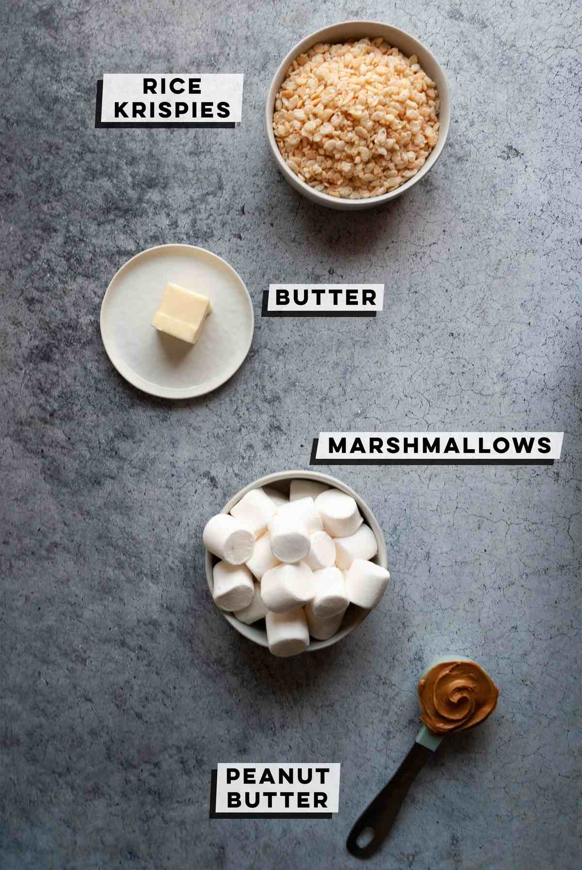 rice krispies, butter, marshmallows, peanut butter