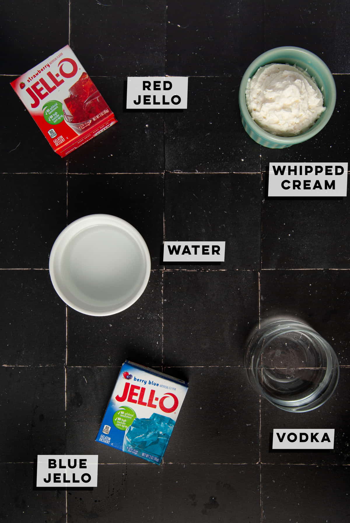 red jello, whipped cream, water, vodka, and blue jello