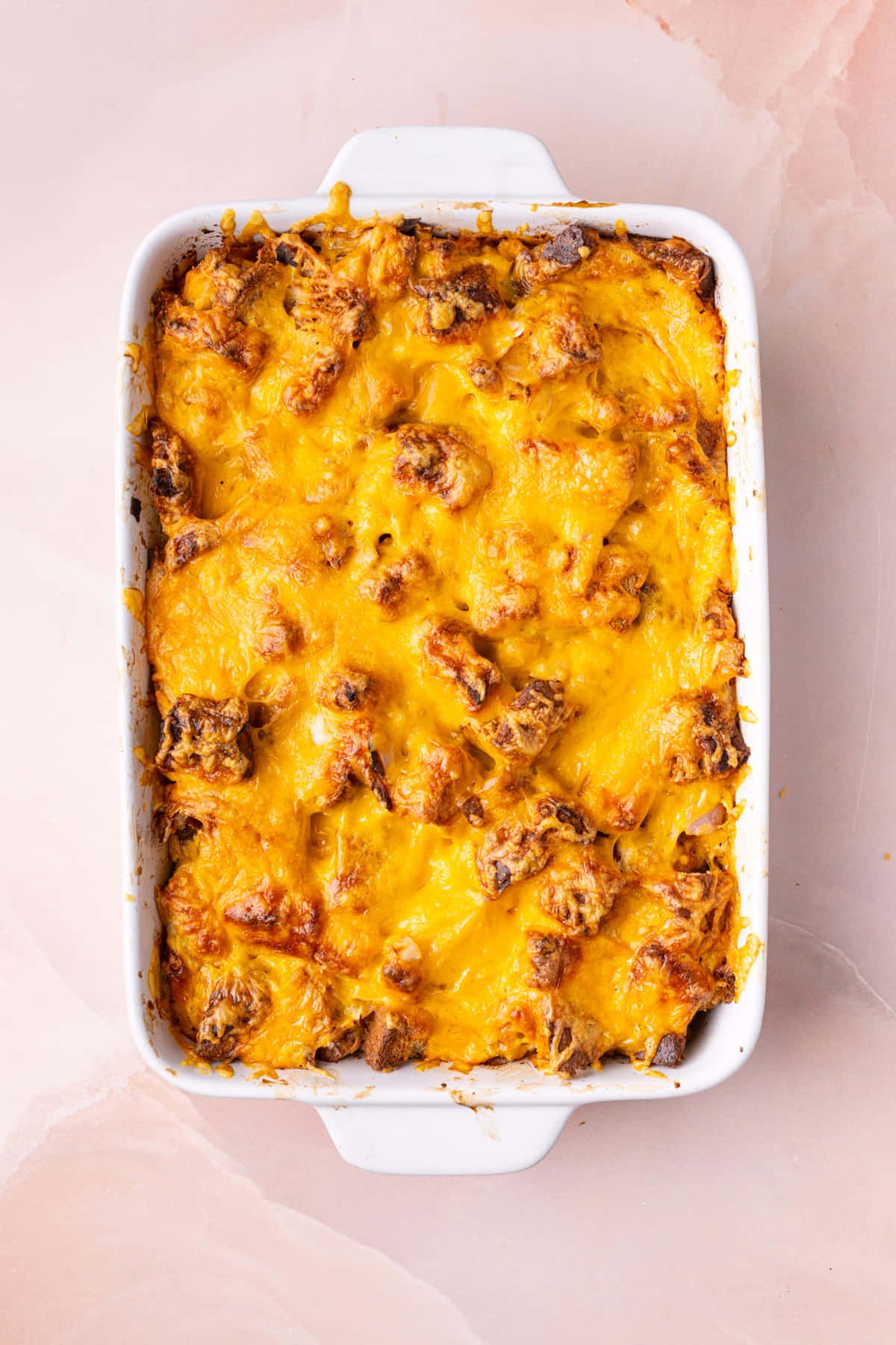 Cheesy breakfast casserole fresh out of the oven. 
