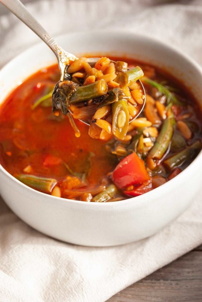 Close up spoonful of veggies and orzo in broth on a soup spoon