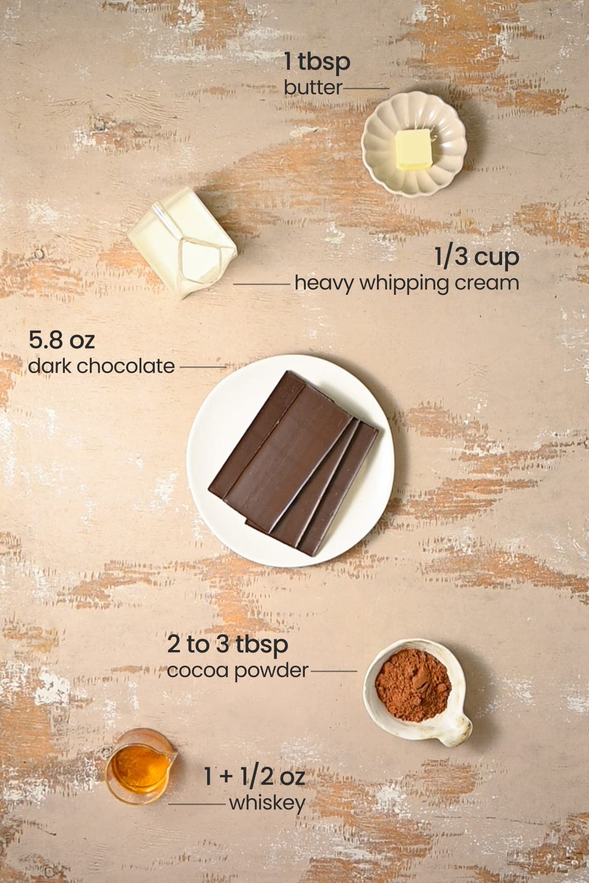 Overhead view of all ingredients for Whiskey Chocolate Truffles - butter, heavy whipping cream, dark chocolate, cocoa powder, and whiskey.