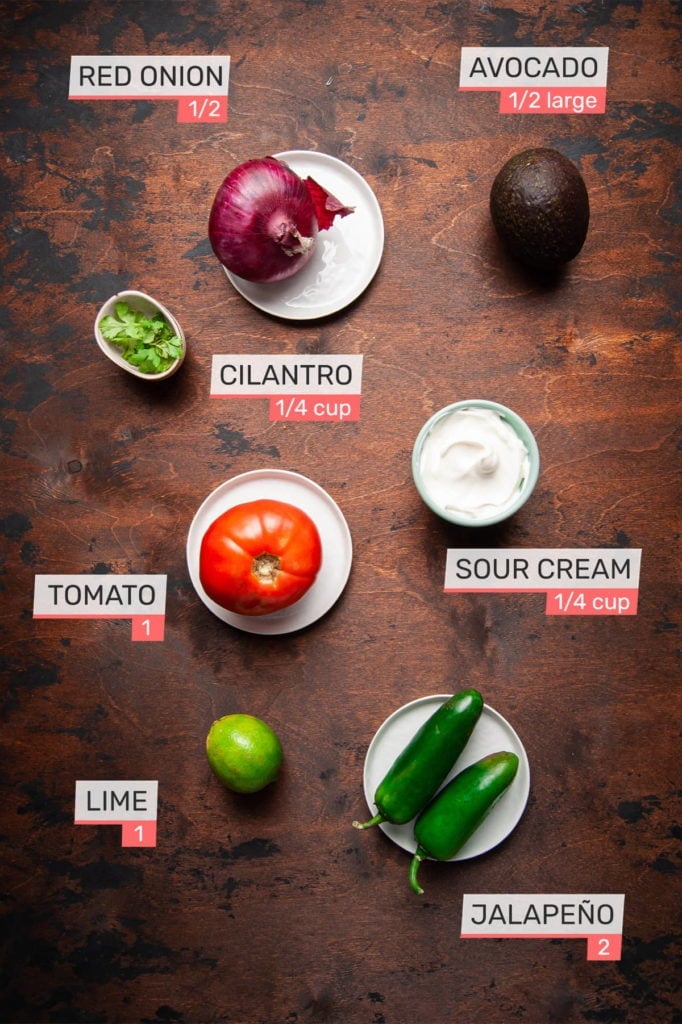 red onion, avocado, cilantro, sour cream, tomato, jalapeno, lime