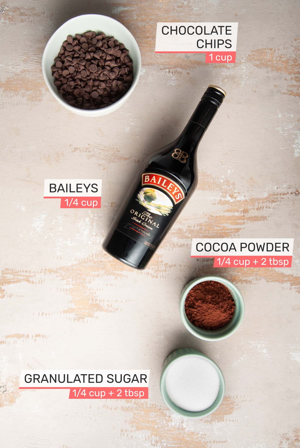 dark chocolate chips, baileys irish cream, cocoa powder, and sugar