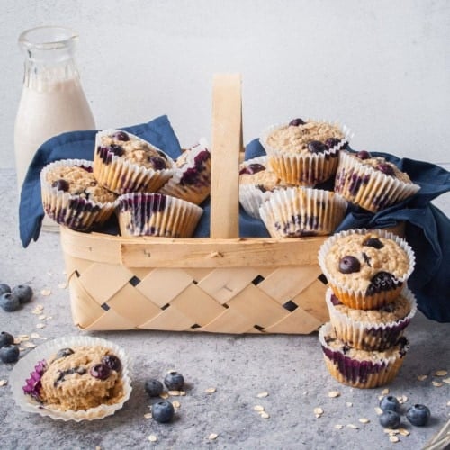 basket of blueberry banana oatmeal muffins