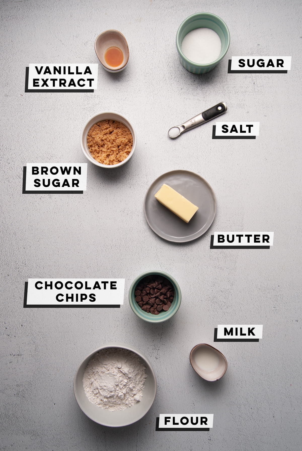 vanilla extract, sugar, salt, brown sugar, butter, chocolate chips, milk, flour