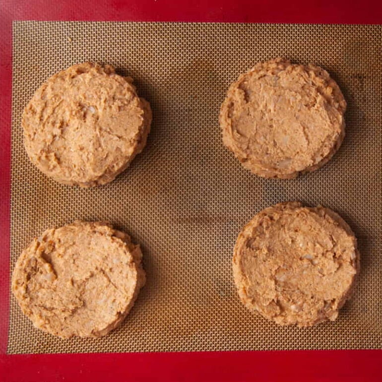 meatless burger patties shaped and ready for the oven