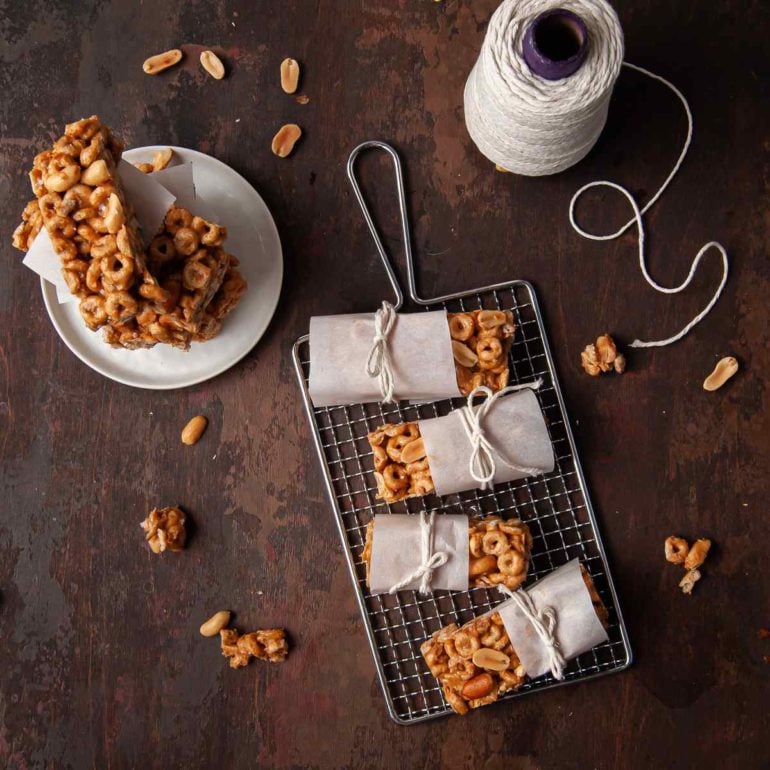 Peanut Butter Cheerio Bars wrapped in parchment