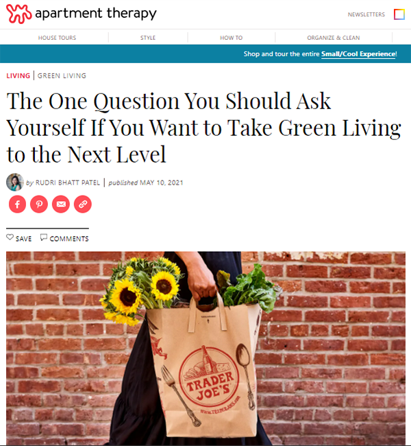 Screenshot of sustainability article with a featured image of a person carrying a paper bag containing flowers