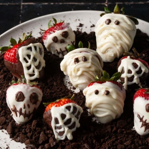 plate of variety of halloween festive chocolate covered strawberries