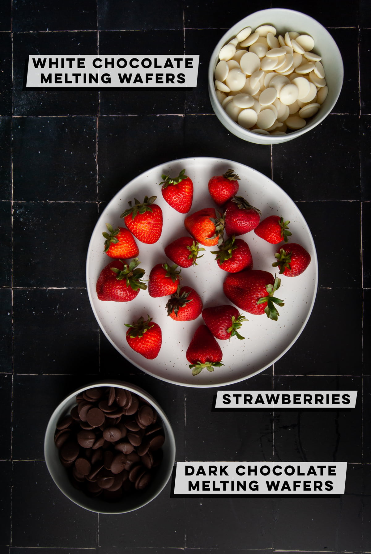 white chocolate melting wafers, strawberries, and dark chocolate melting wafers