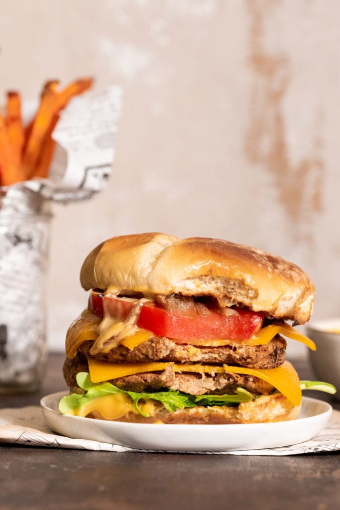 jackfruit burger with big bite taken out