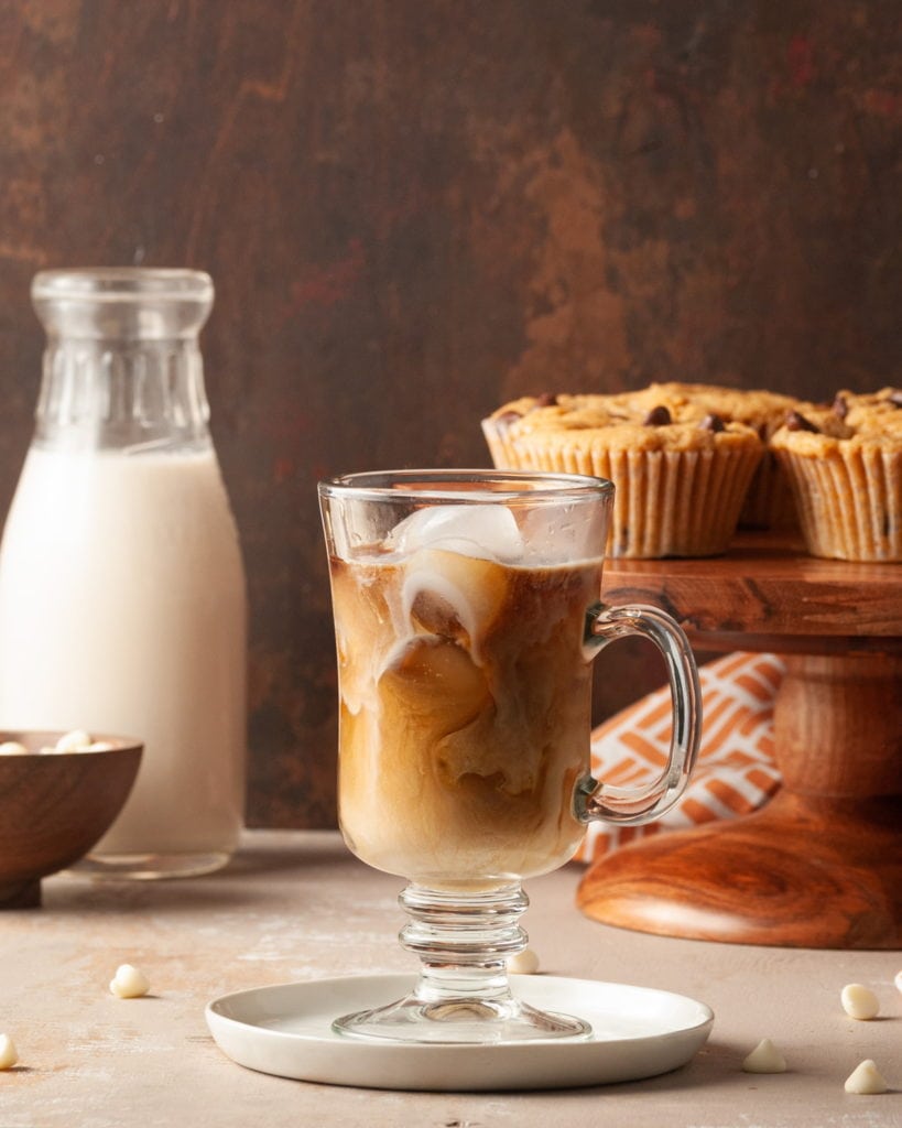 iced latte with milk and muffins in the background