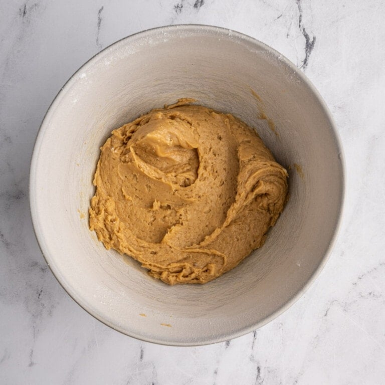 Peanut Butter Banana muffin batter just after dry ingredients are mixed in