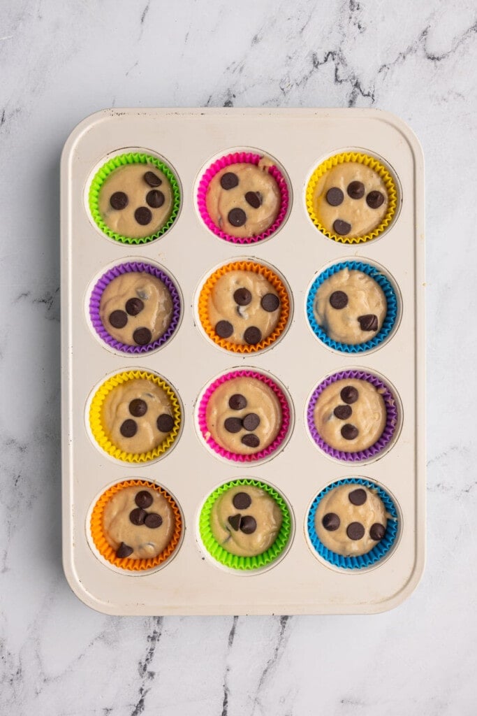 Peanut Butter Banana Chocolate Chip Muffins ready to bake in the oven