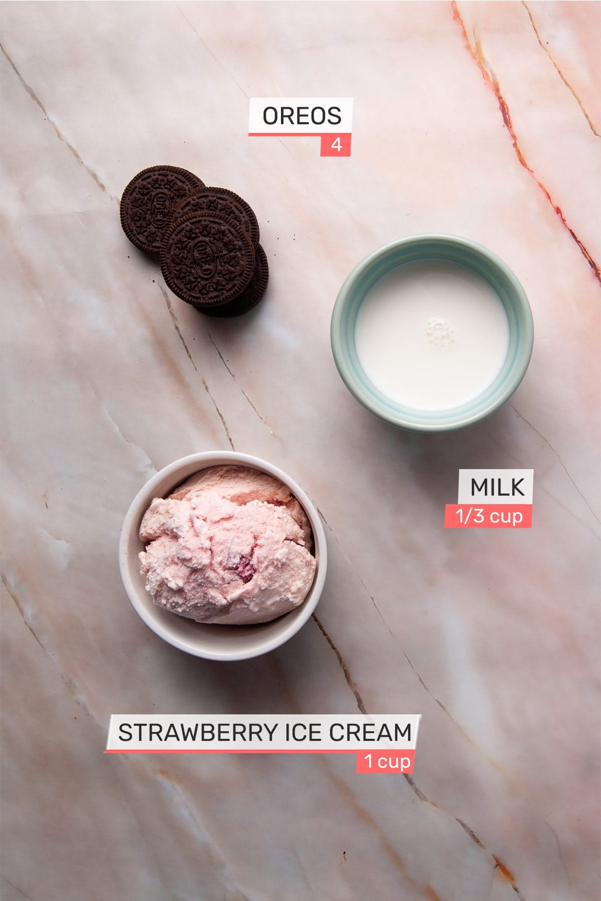 oreos, milk, and strawberry ice cream
