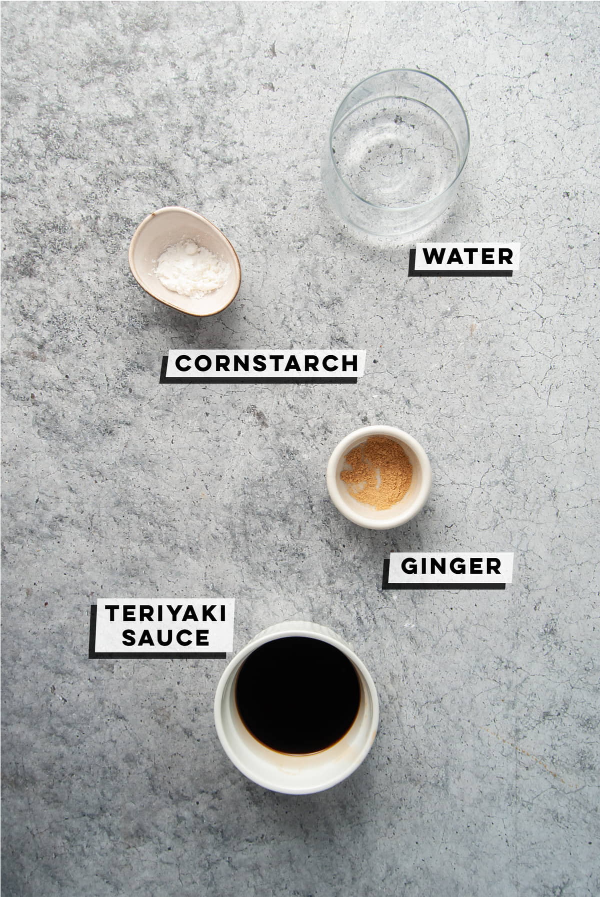water, cornstarch, ginger, teriyaki sauce