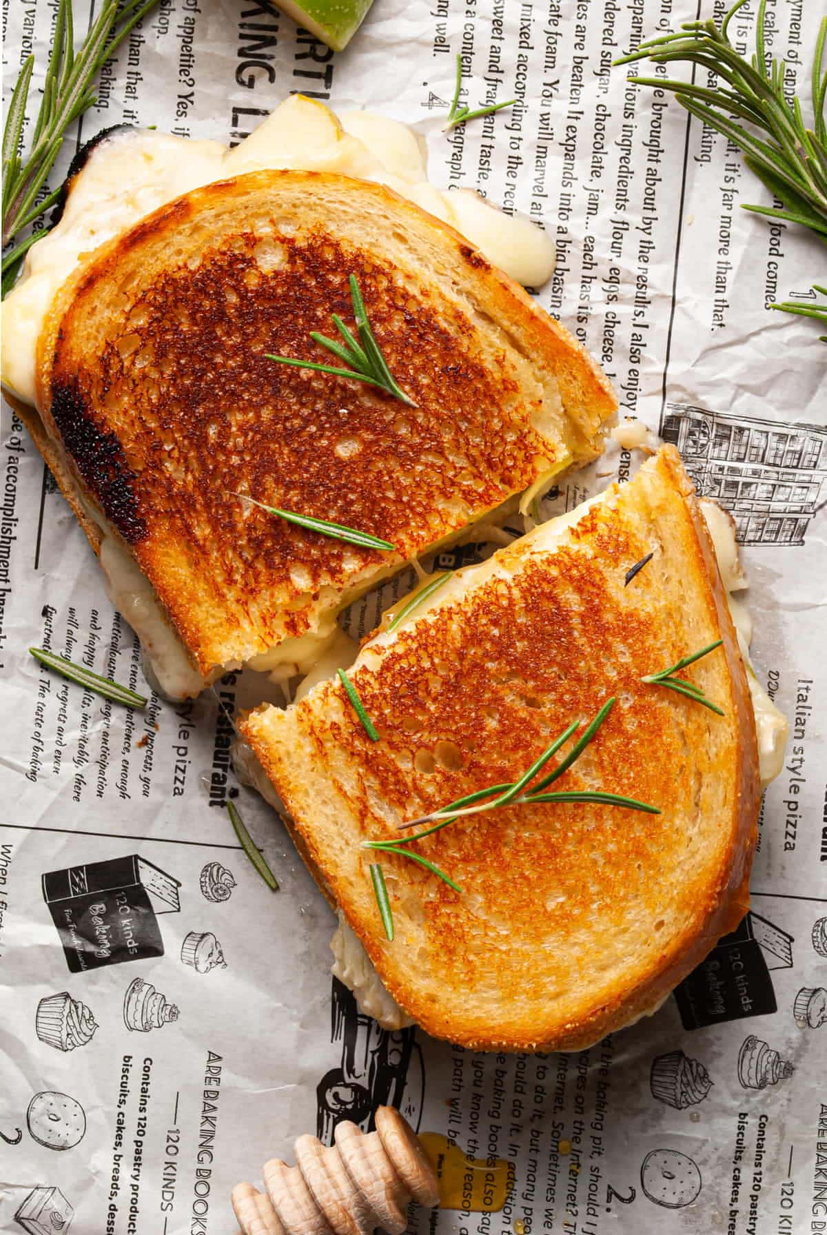 Overhead shot of gooey brie grilled cheese