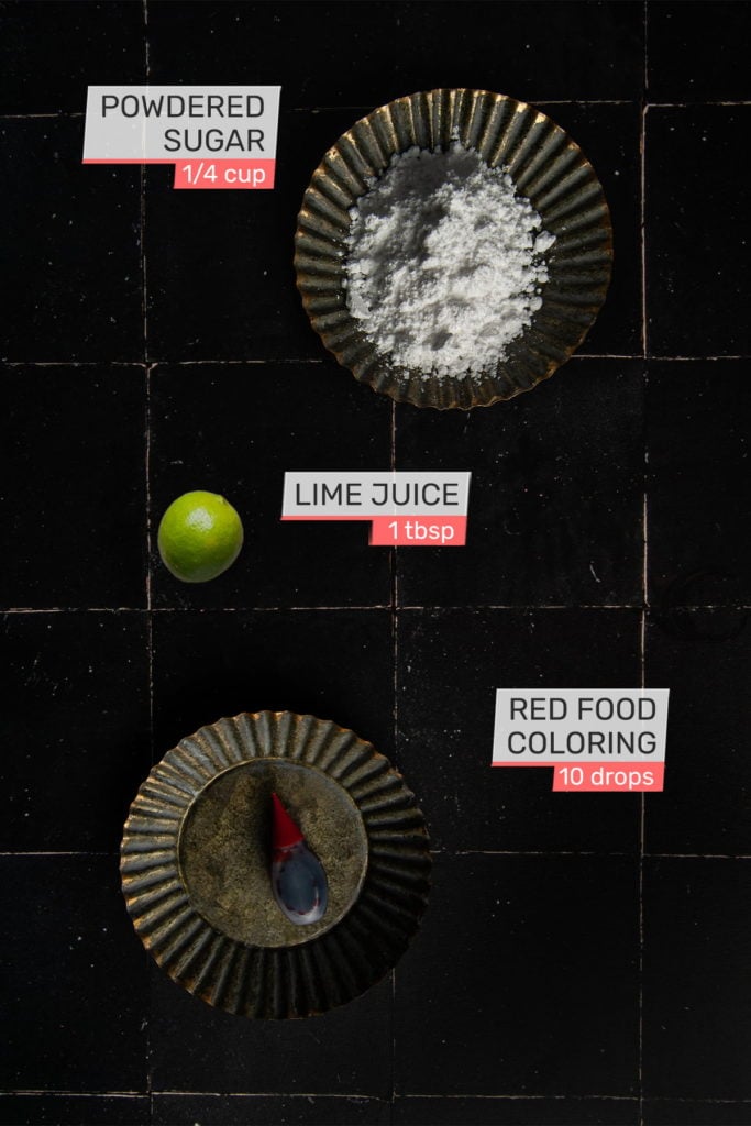 powdered sugar, lime and red food coloring
