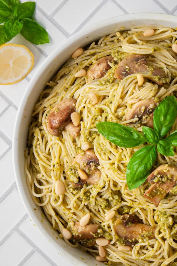 close up of mushroom pesto pasta