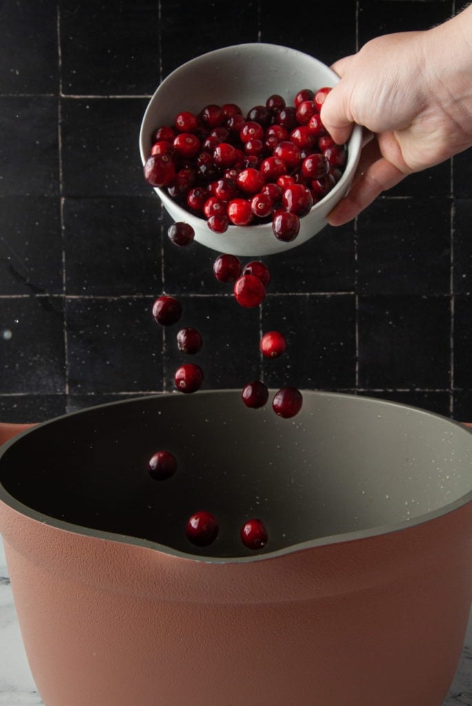 adding cranberries to a large pot
