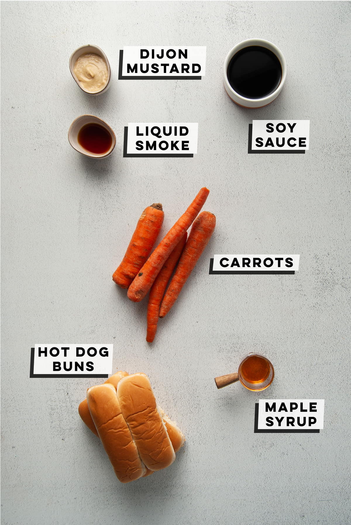 dijon mustard, soy sauce, liquid smoke, carrots, maple syrup, and hot dog buns