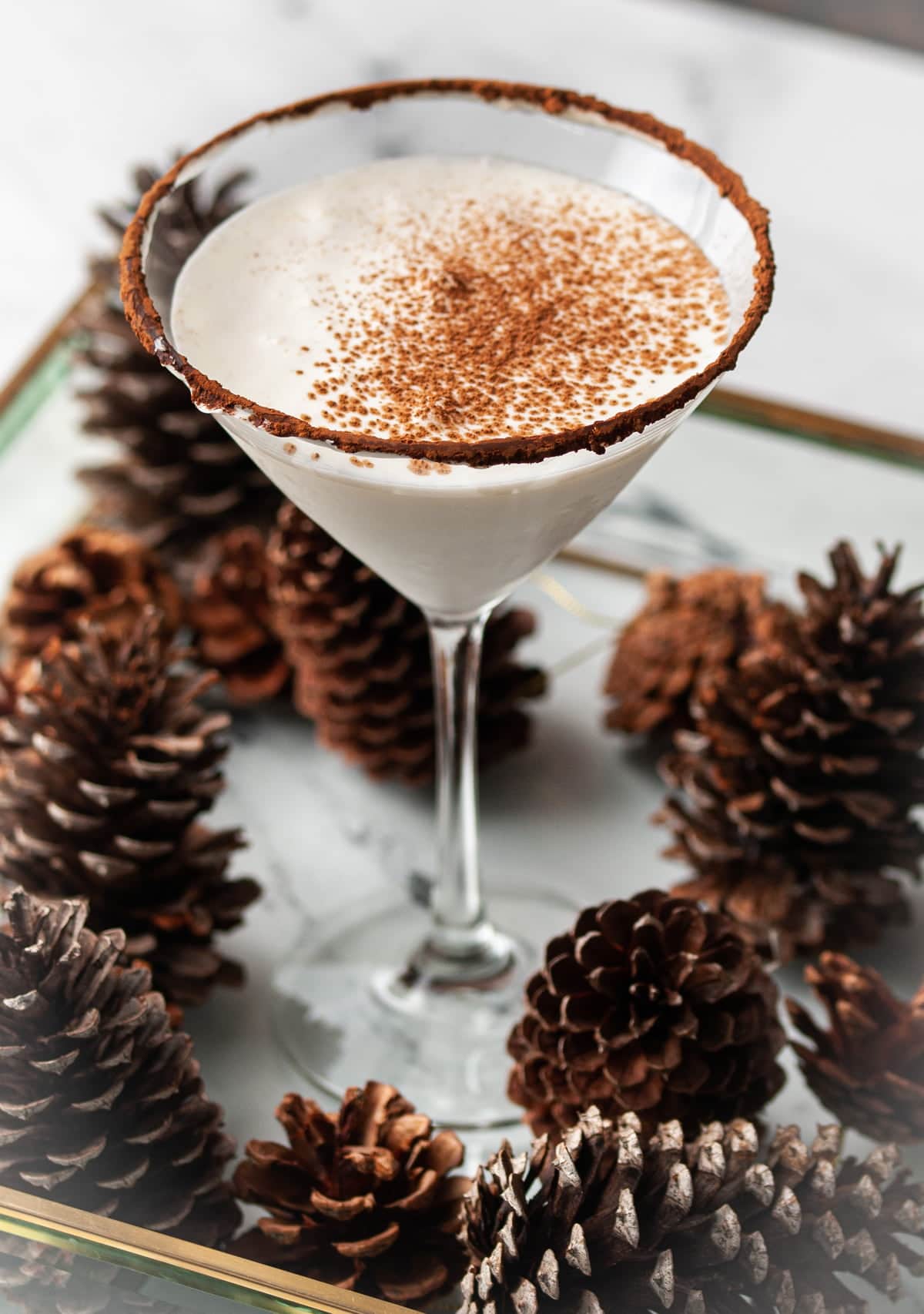 portrait of dessert cocktail in a martini glass surrounded by pine cones