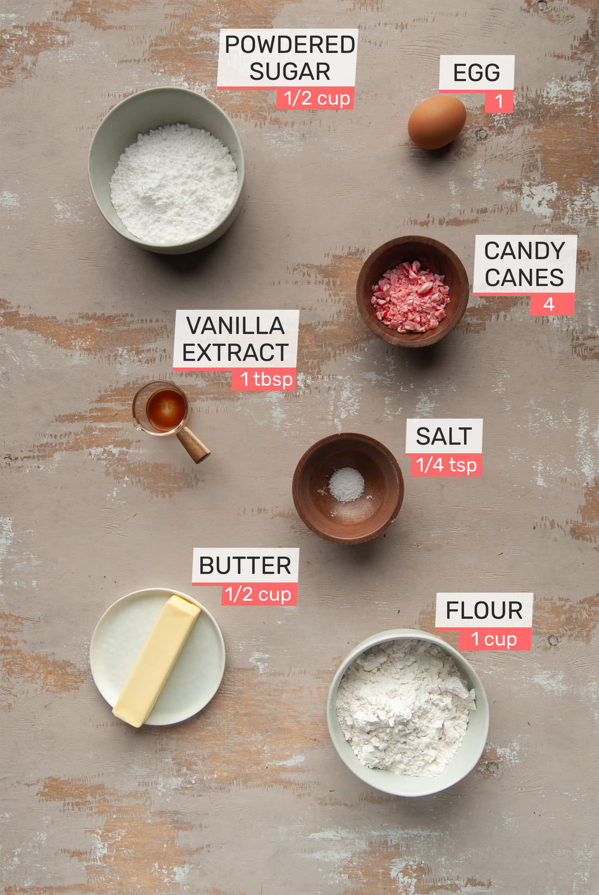 powdered sugar, egg, vanilla extract, crushed candy cane, salt, butter, and all-purpose flour