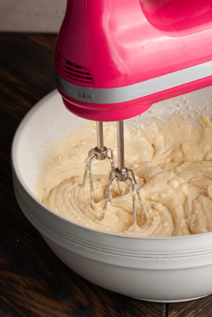 Using Hand Mixer to Whisk Together Chocolate Chip Loaf Cake Batter