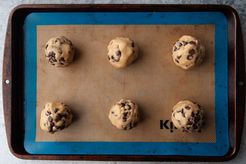 6 gideons chocolate chip cookie dough balls ready to chill in the refrigerator