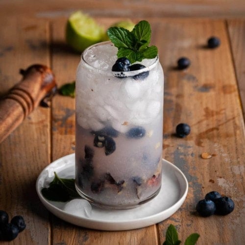 blueberry gin fizz garnished with mint and blueberries in a glass filled with crushed ice