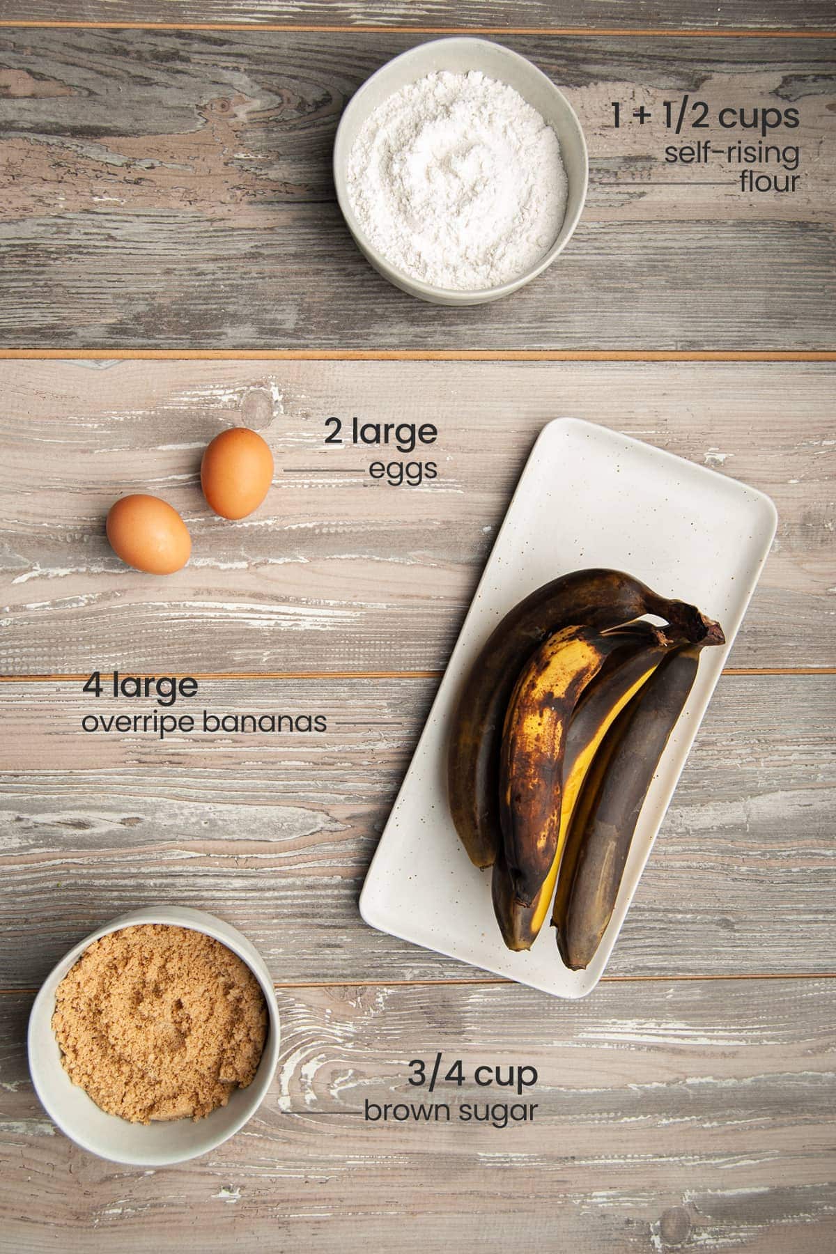 ingredients for 4 ingredient banana bread - self-rising flour, large eggs, overripe bananas, brown sugar