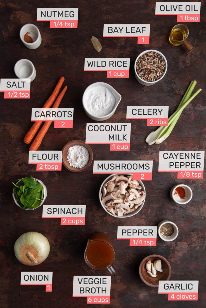 nutmeg, olive oil. bay leaf, salt, wild rice, coconut milk, carrots, celery, flour, mushrooms, cayenne pepper, spinach, onion. veggie broth, pepper, garlic