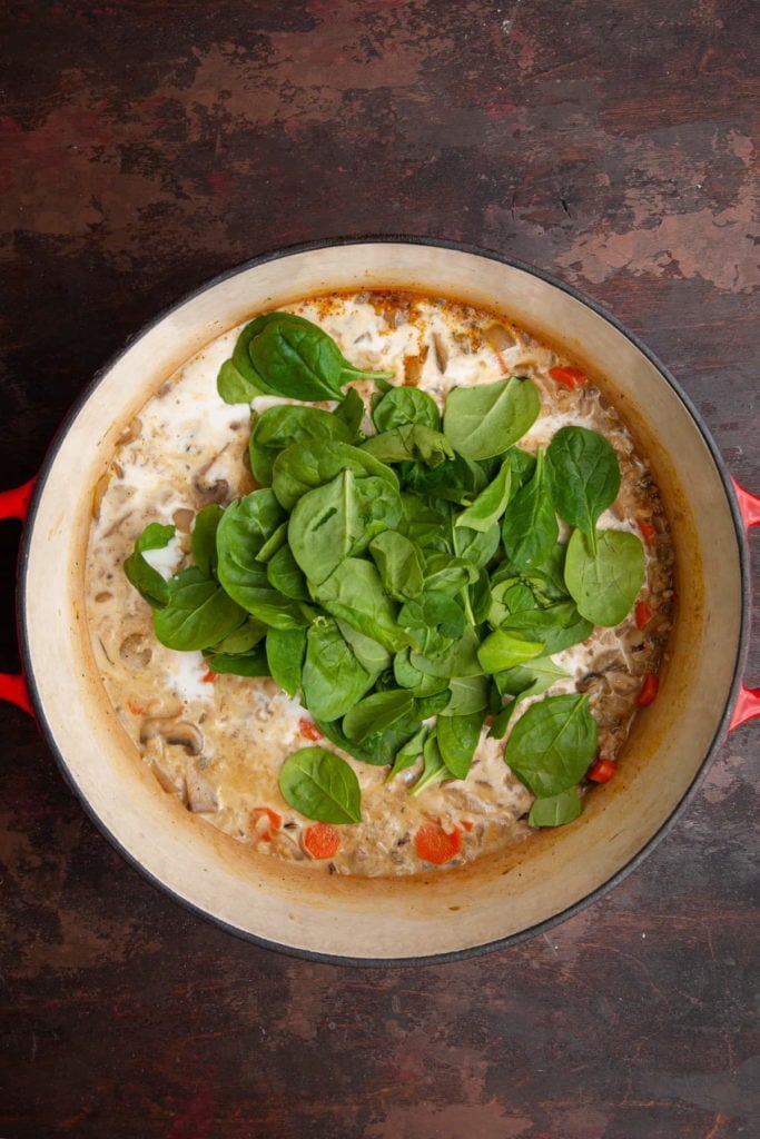 Adding Coconut Milk and Spinach to Wild Rice Soup Last