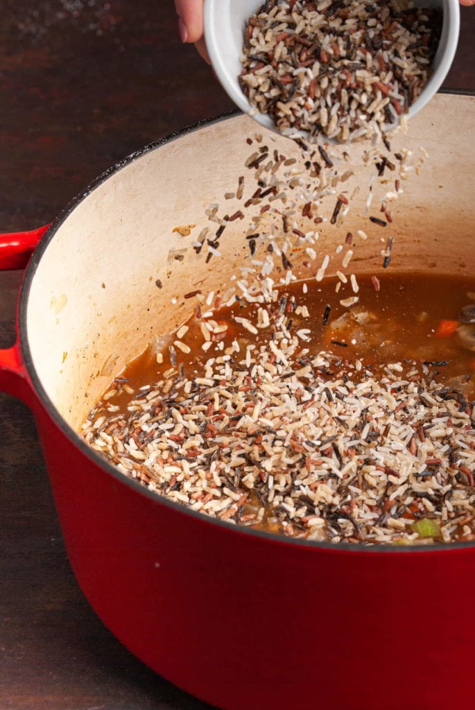 adding wild rice to large Dutch Oven