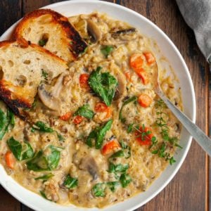 Bowl of Creamy Soup with Wild Rice and Vegetables