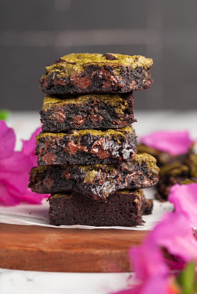 tall stack of fudgy matcha brwonies