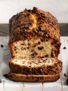 chocolate chip loaf cake with 2 slices cut