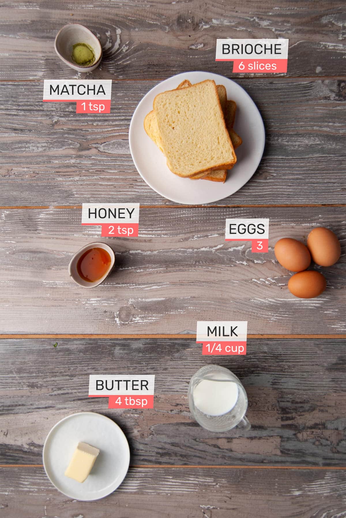 matcha powder, brioche bread, honey, eggs, milk, and butter