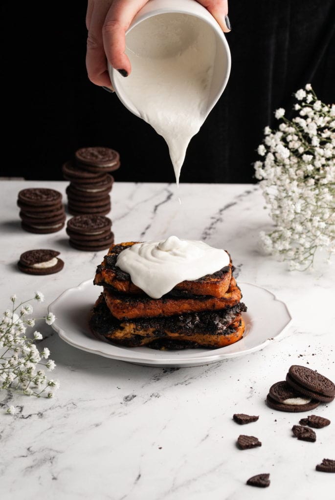 dripping cream cheese drizzle onto oreo french toast