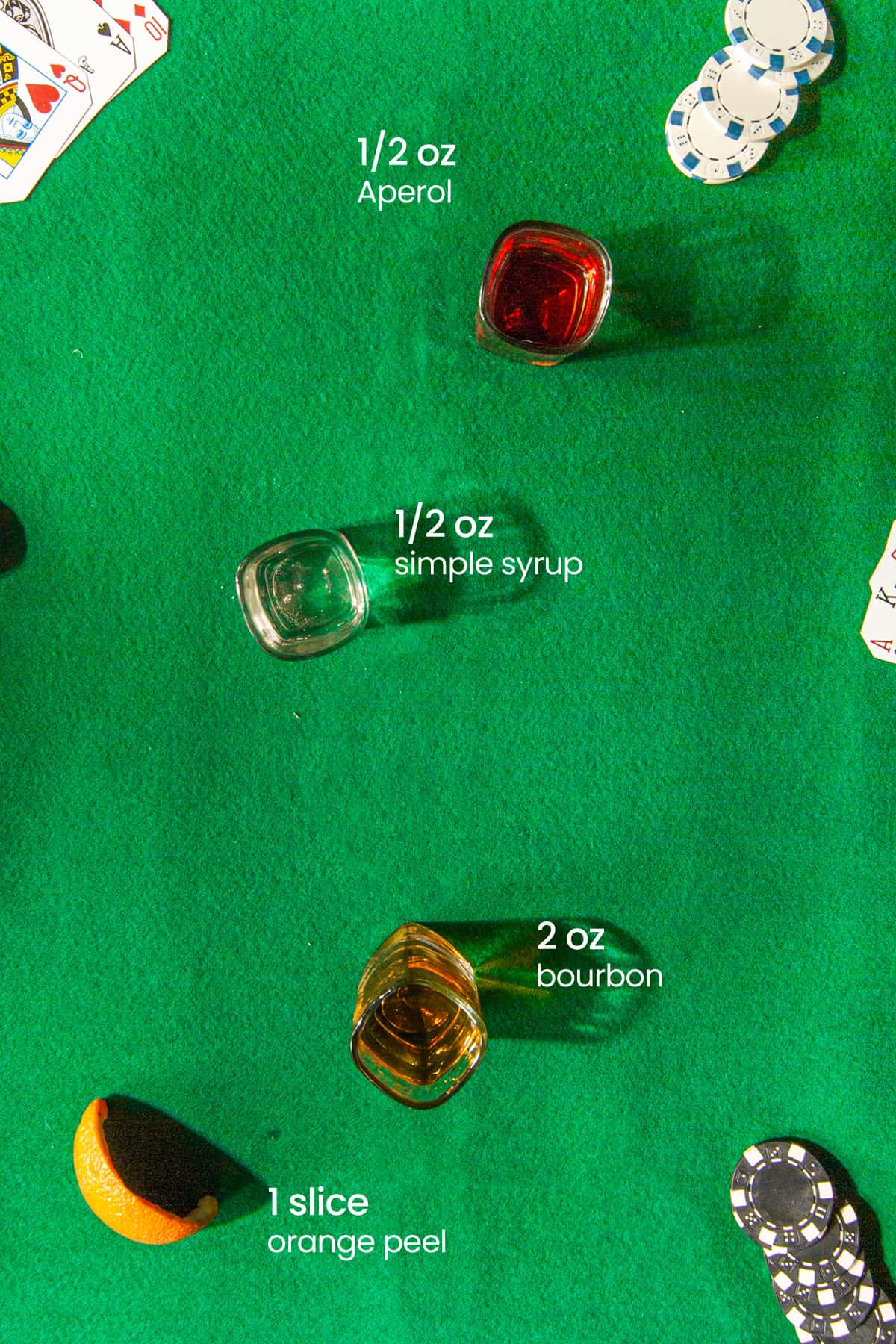 Overhead view of the ingredients needed for an Aperol old fashioned - Aperol, simple syrup, bourbon, and an orange peel.