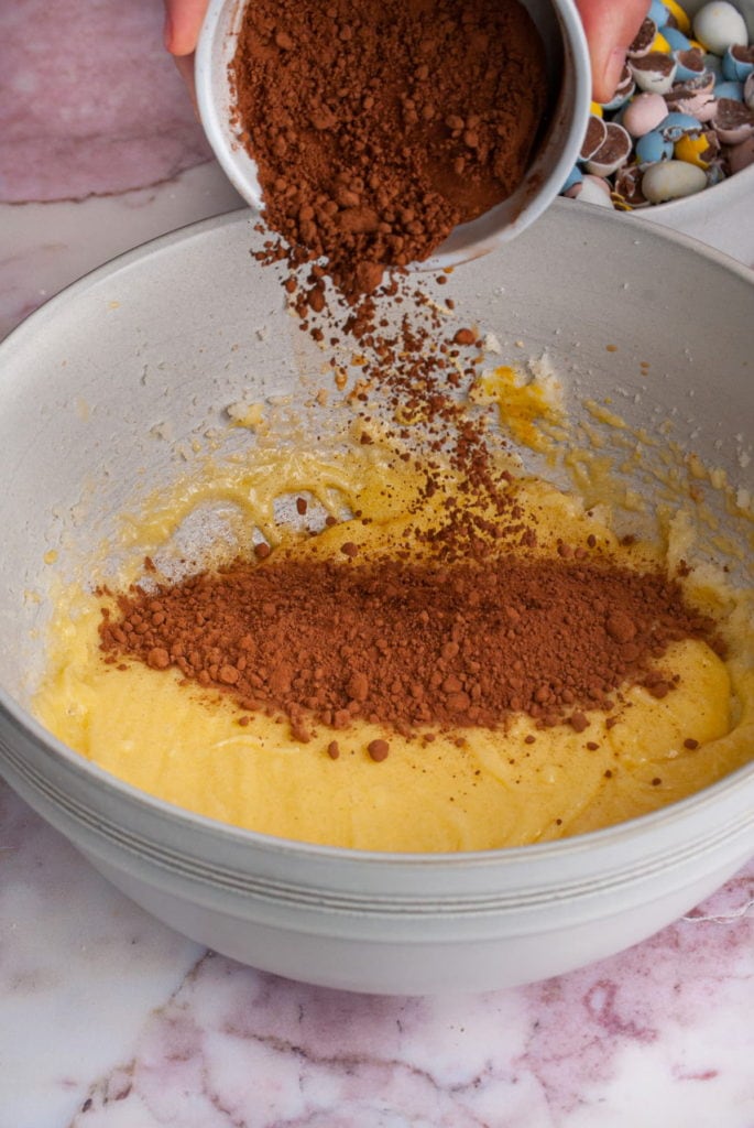 adding cocoa powdered to creamed butter and sugar