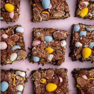 Overhead shot of brownies with crushed Cadbury mini eggs on top