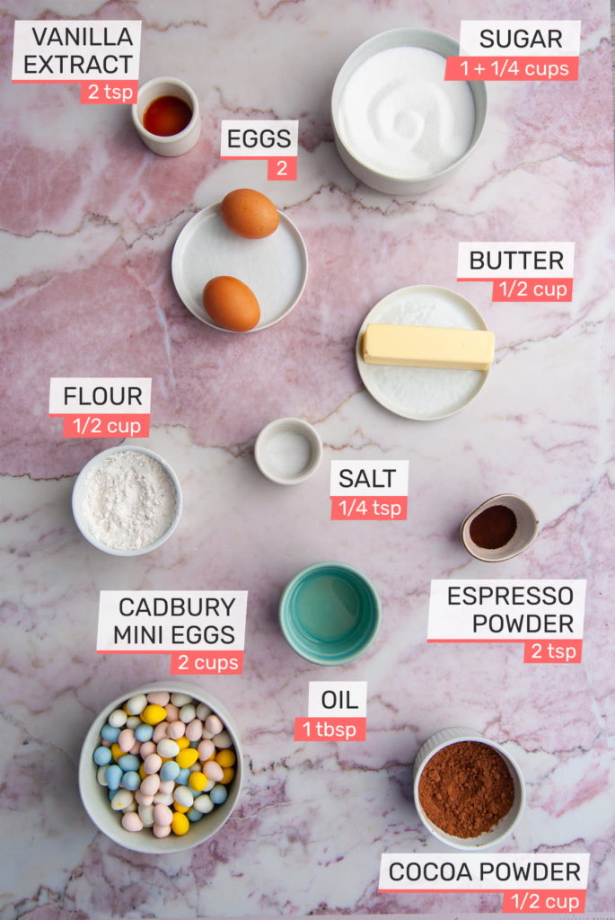 vanilla extract, sugar, eggs, butter, flour, salt, cadbury mini eggs, oil, cocoa powder, espresso powder