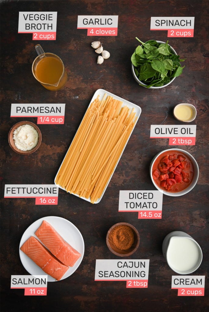 vegetable broth, garlic, spinach, parmesan, fettuccine, olive oil, diced tomatoes, salmon, cajun seasoning, and cream