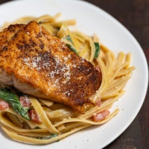 Cropped Picture of plated One Pot Cajun Salmon Pasta
