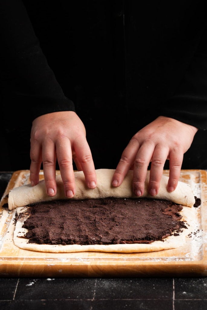 rolling oreo cinnamon rolls to shape them